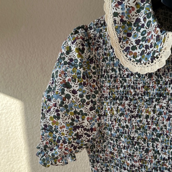 Smocked Floral Peter Pan Collar Women’s Dress - Blue Multi - Picture 3 of 6